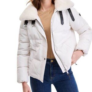 DKNY Women's Faux Fur Collar Zip Front Puffer Coat Small Pearl White NWT $300